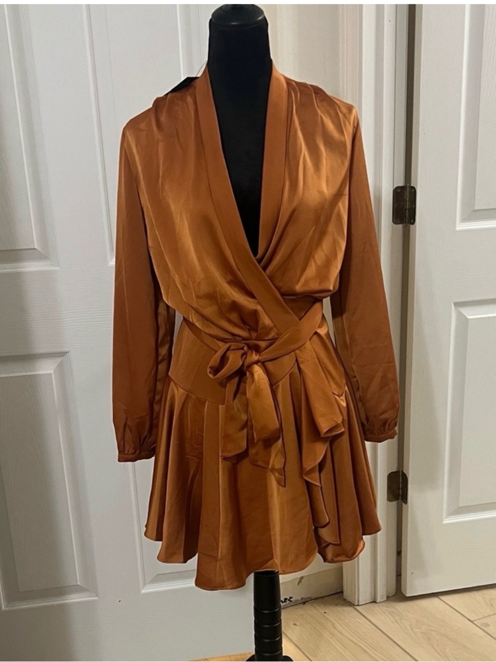 Satin Wrap Long-Sleeve Dress in Rust with Tie Waist